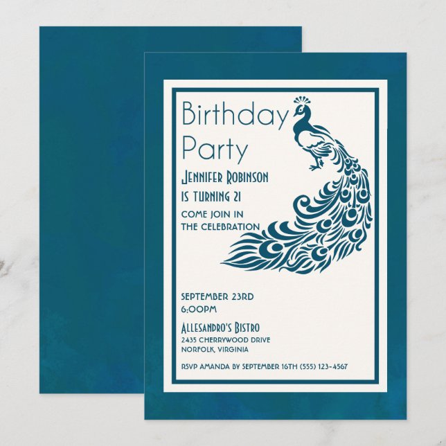 Convites Pavão Azul Esverdeado l Design de Aniversário Chic (Frente/Verso)