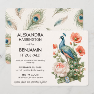 Convites Pavão Botânico de Casamento Arte Floral Vintage