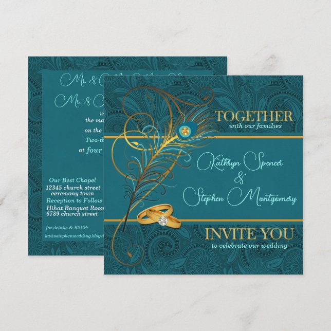 Convites Pavão com Destaques Dourados Casamento Teal (Frente/Verso)