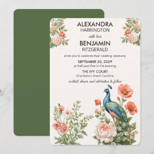 Convites Pavão de Casamento Botânico Arte Floral Vintage