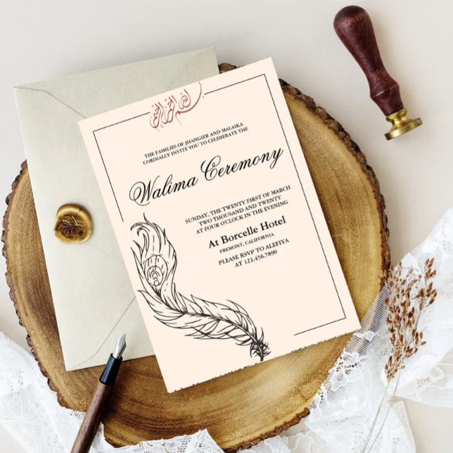 Convites pavão desenhado à mão ilustrado Walima árabe (illustrated handdrawn peacock border walima cermony invitation card)
