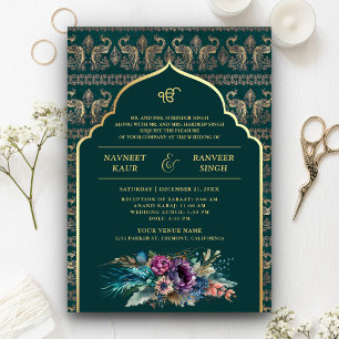 Convites Pavão Dourado Turquesa Anand Karaj Casamento Sikh