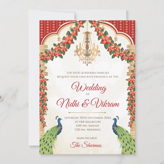 Convites Pavão Indiano & cartões de casamento hind (Frente)