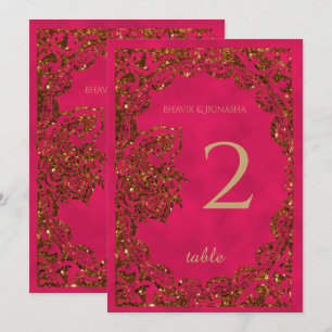 Convites Pavão Indiano Rosa e Dourado Número da Mesa