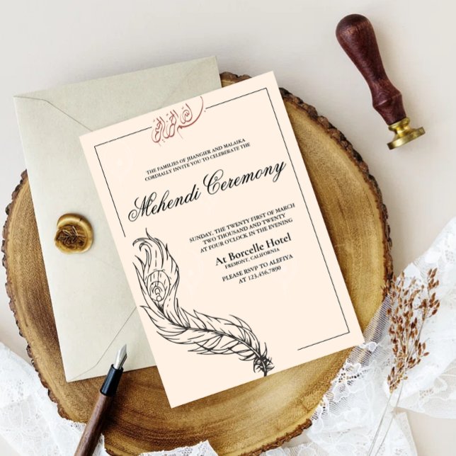 Convites pavão-pavão árabe ilustrado (Illsutrated handrawn peacock border mehndi invitation)