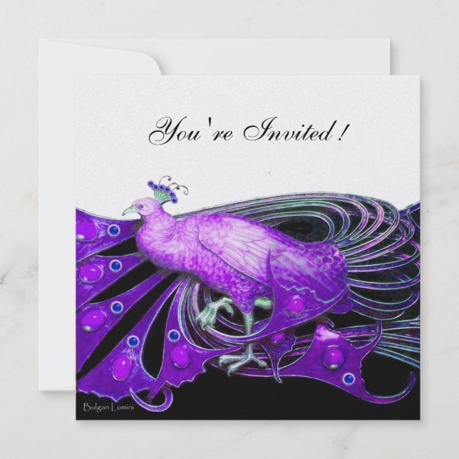 Convites PAVÃO preto, roxo, papel metálico gelo (Frente)