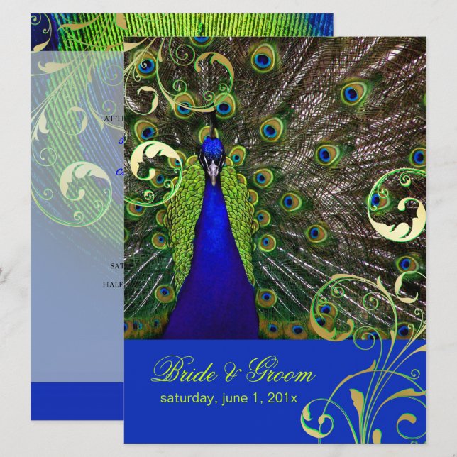 Convites Pavão psicodélico PixDezines/azul de cobalto (Frente/Verso)