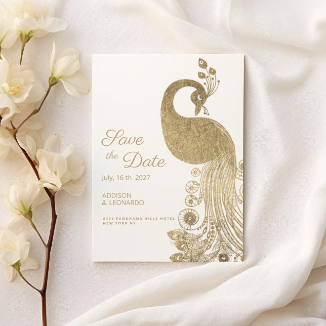 Convites Pavão real de ouro branco de luxo Salve a data (Luxury white gold royal peacock Save the Date )