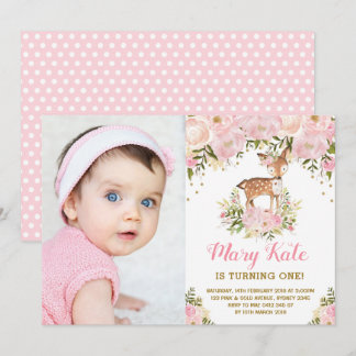 Convites Pavial primeiro aniversario Rosa Dourado Pastel Fl