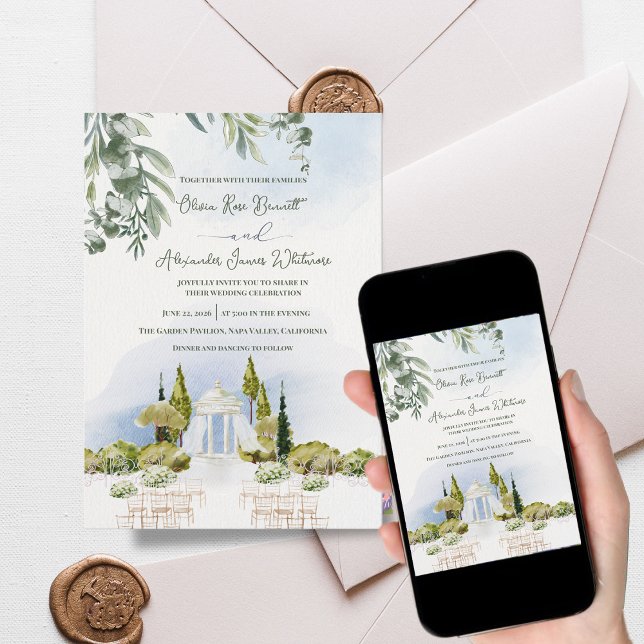 Convites Pavilhão de Jardim da Propriedade Cerimônia de Cas (Estate Garden Pavilion Wedding Invitation | Watercolor Outdoor Ceremony Venue Invite)