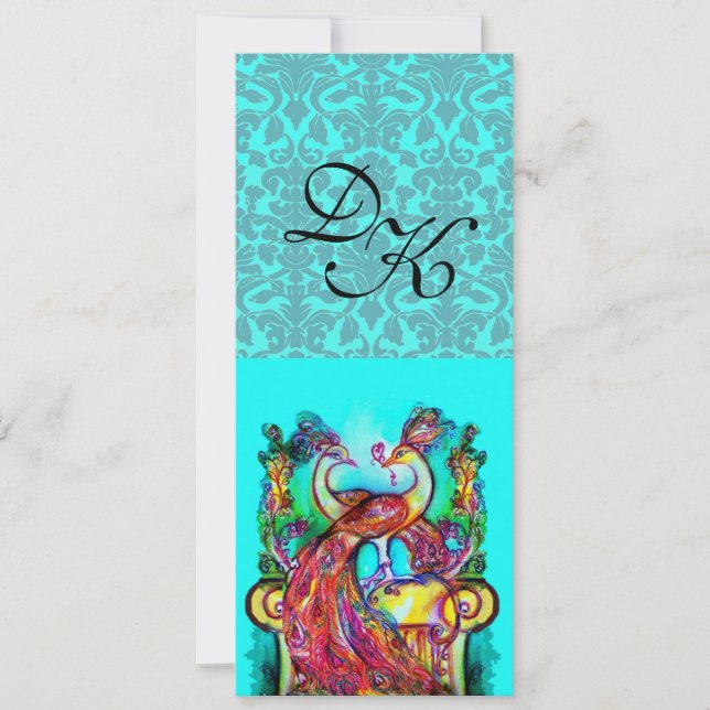 CONVITES PAVÕES APAIXONADOS AQUA AZUL TEAL DAMASCO MONOGRAM (Frente)