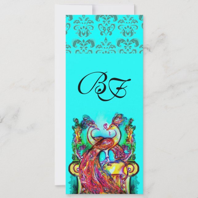 CONVITES PAVÕES APAIXONADOS AQUA AZUL TEAL DAMASCO MONOGRAM (Frente)
