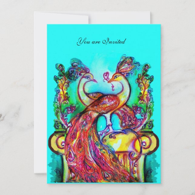 Convites PAVÕES APAIXONADOS Casamento Azul Teal Verde Água  (Frente)