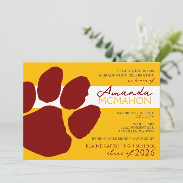 Convites Pawprint Elegante Dourado e Maroon (Foto de volta) (Em pé/Frente)