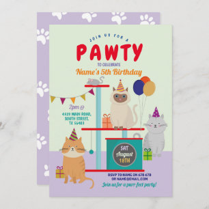 Convites Pawthday Cat Kitten Paw Diversão Roxo