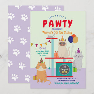 Convites Pawthday Cat Kitten Paw Roxo Divertido