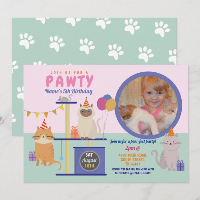 Convites Pawty Birthday Cat Kitten Paw Girls Foto divertida (Frente/Verso)