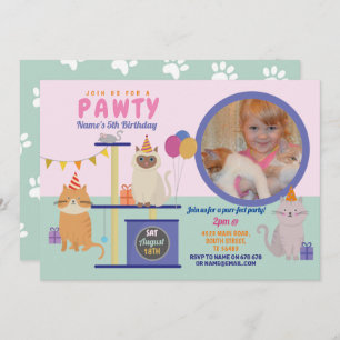 Convites Pawty Birthday Cat Kitten Paw Girls Foto divertida