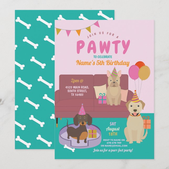 Convites Pawty Birthday Dogs Party Puppy Divertido Pink (Frente/Verso)