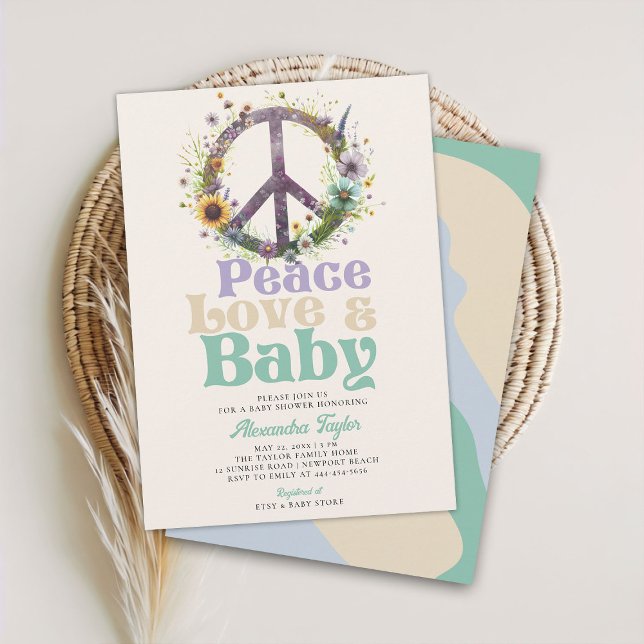 Convites Peace Love Baby Wildflower Chá de fraldas neutro (peace love baby groovy hippie retro vintage gender neutral shower invitation blue green lilac beige)