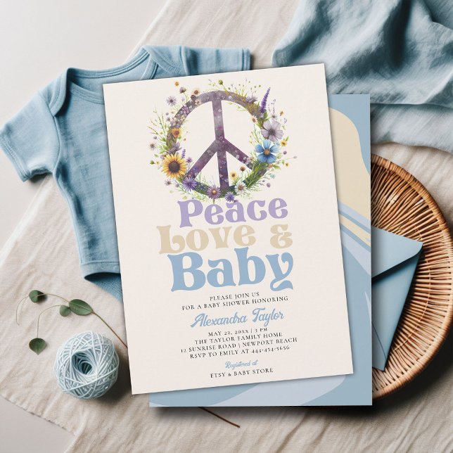 Convites Peace Love Baby Willows Retro Baby Boy Chá (peace love baby groovy hippie retro vintage boy shower invitation blue brown)
