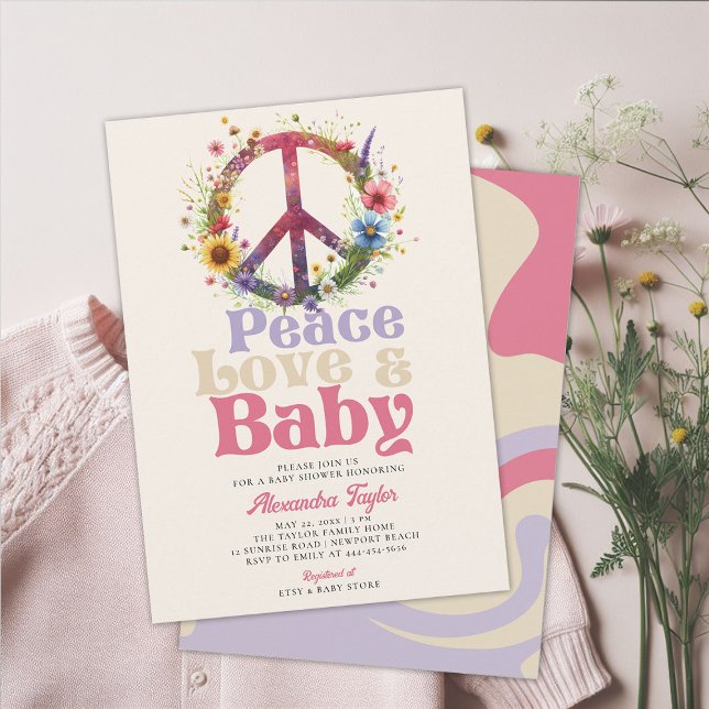 Convites Peace Love Baby Willows Retro Baby Girl Chá (peace love baby groovy hippie retro vintage girl shower invitation blue pink purple beige)
