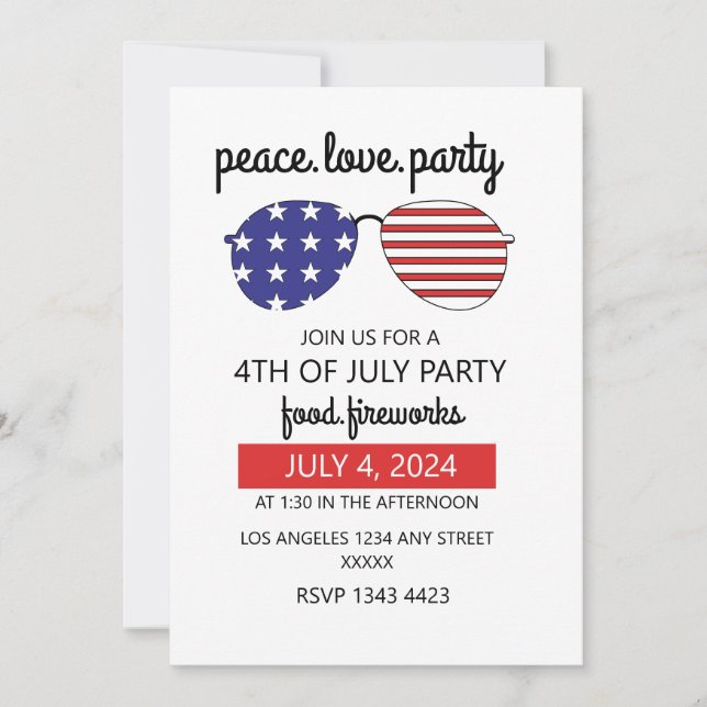 Convites Peace Love Party Happy 4 de julho (Frente)