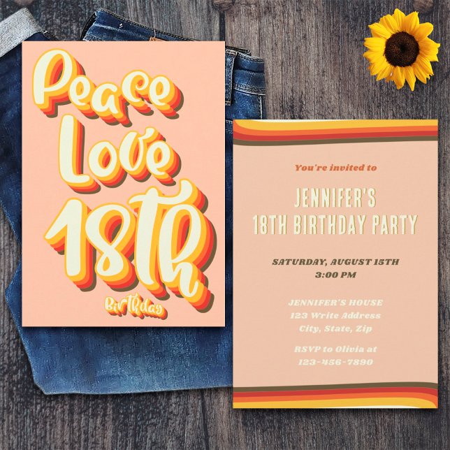 Convites Peace Love Peach Retro Groovy Sunset 18º Aniversár (Front and Back)