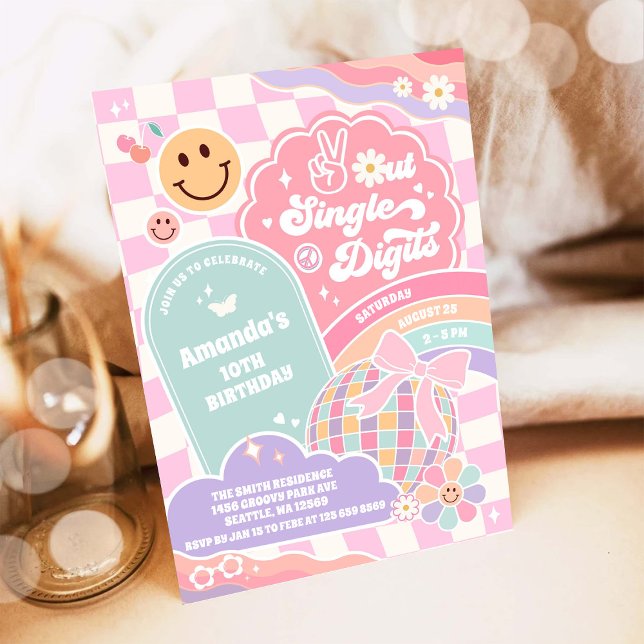 Convites Peace Out Single Digits Rainbow Disco Birthday (Criador carregado)