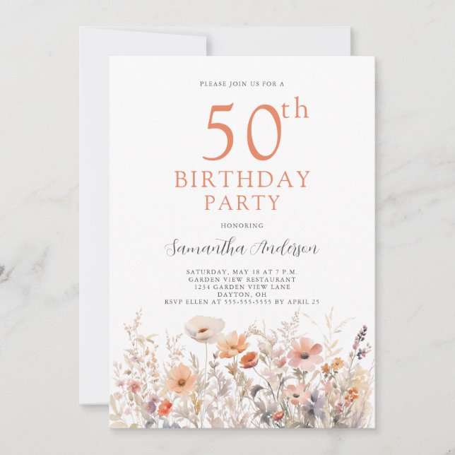 Convites Peach 50th Birthday Floral (Frente)