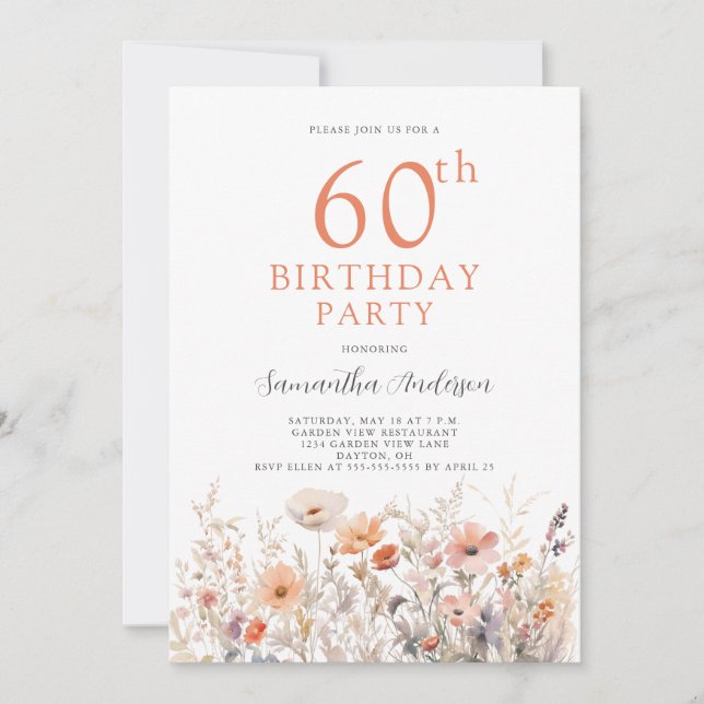 Convites Peach 60th Birthday Floral (Frente)