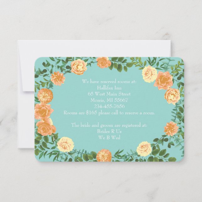 Convites Peach & Aqua Peony & Rosa Floral Information Card (Frente)