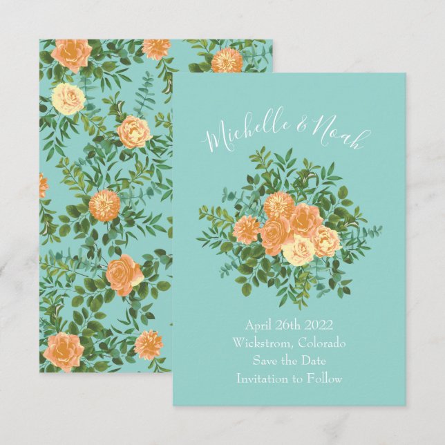 Convites Peach Aqua Teal Wedding Rosa Floral (Frente/Verso)