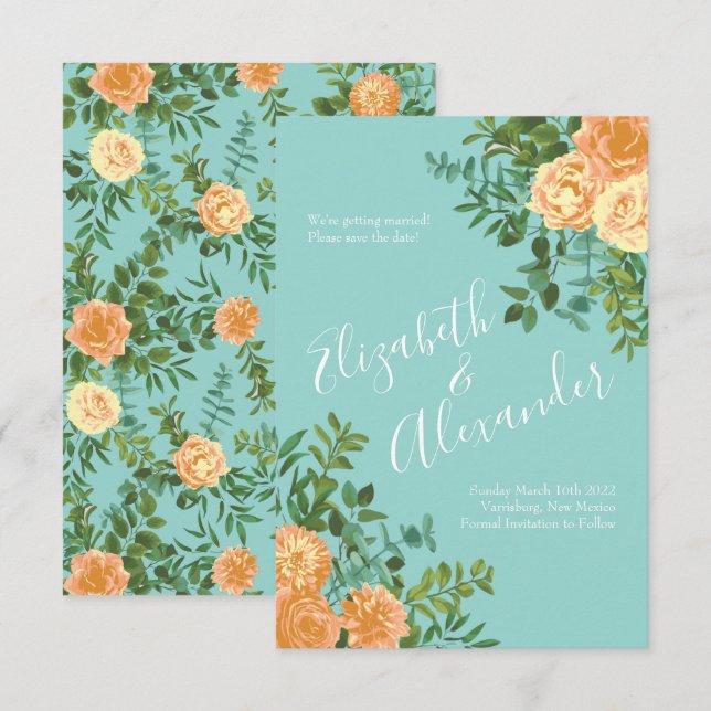 Convites Peach Aqua Teal Wedding Rosa Floral (Frente/Verso)