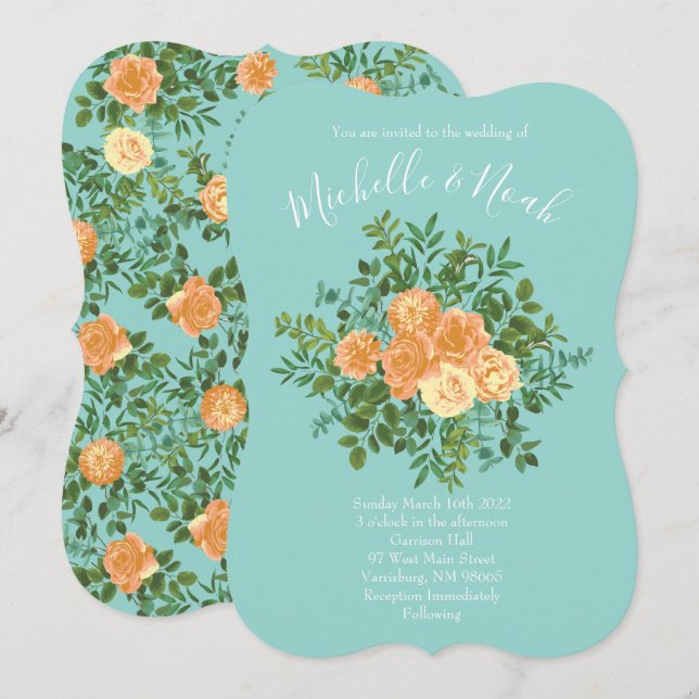 Convites Peach Aqua Teal Wedding Rosa Floral (Frente/Verso)
