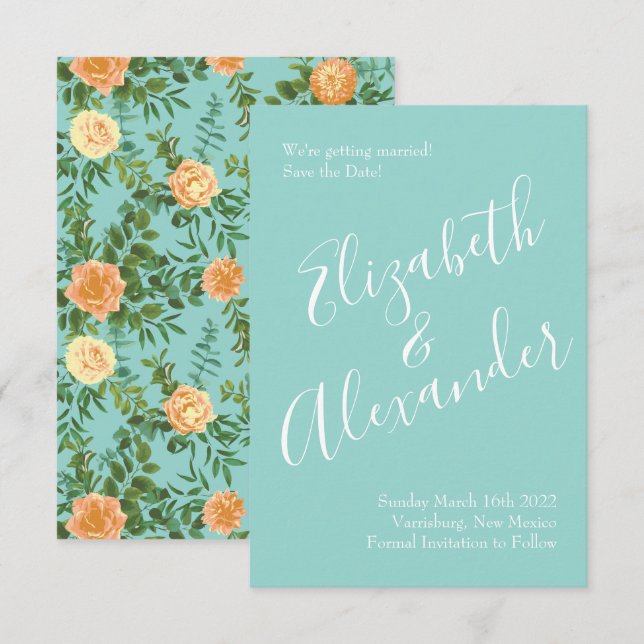 Convites Peach Aqua Teal Wedding Rosa Floral (Frente/Verso)
