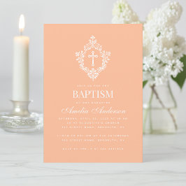 Convites Peach Baptism Cross in Crest Elegant Vintage