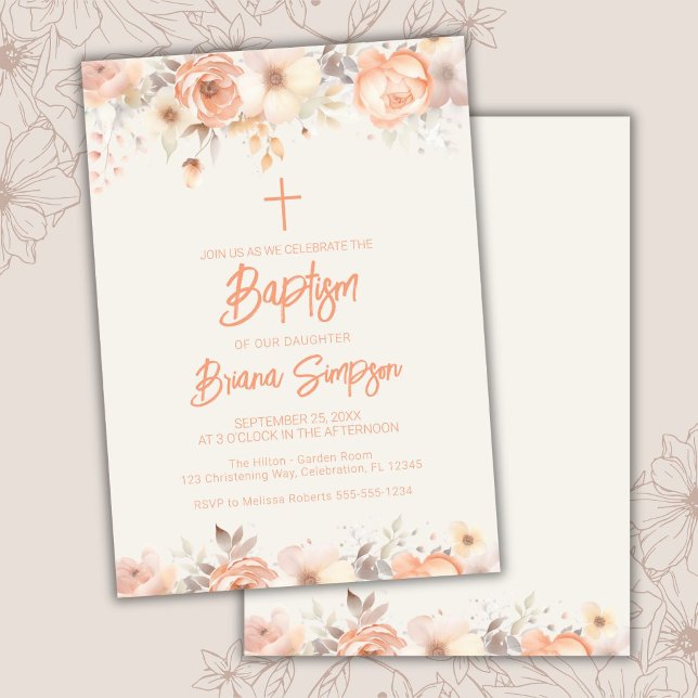 Convites Peach Beige Ivory Flowers Floral Baptism (Criador carregado)