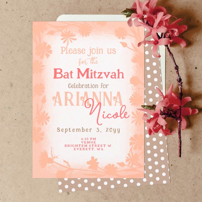 Convites Peach Beige Wild Flowers Bat Mitzvah (Chic Peach, Beige Floral, Polka Dots Bat Mitzvah Invitation, Stylish Script Writing, Wild Flowers)