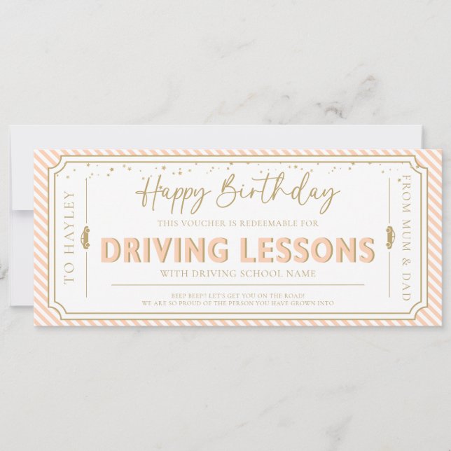 Convites Peach Birthday Driving Lessons Gift Voucher Card (Frente)