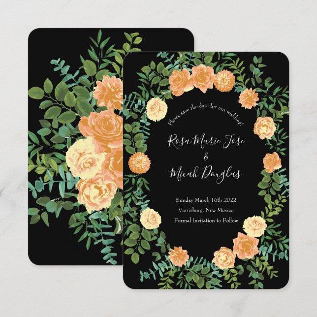 Convites Peach Black Peony Rose Casamento Salvar Data (Frente/Verso)