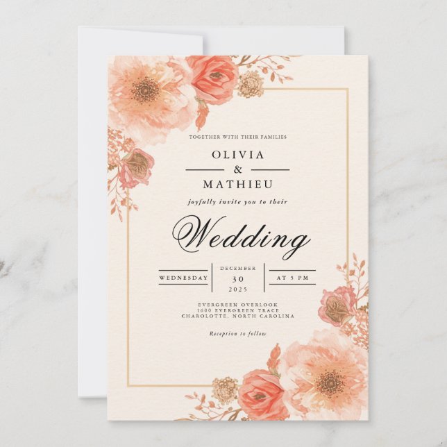 Convites Peach Blossom Border Wedding (Frente)
