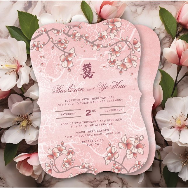 Convites Peach Blossoms Dupla Felicidade Casamento Chinês (Pink Peach Blossoms Double Happiness Elegant Chinese Wedding Invitation @ fatfatin_red_knot)