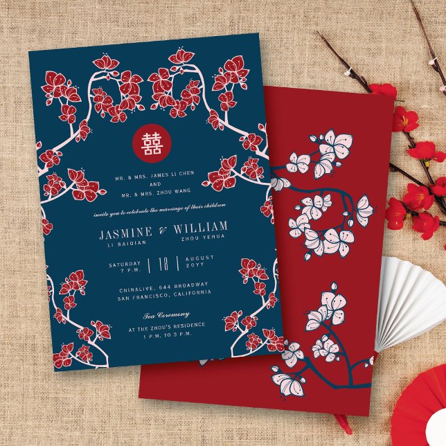 Convites Peach Blossoms Dupla Felicidade Casamento Chinês (Red/Navy Peach/Plum Blossoms Double Happiness Elegant Chinese Wedding Invitation @ fatfatin_red_knot)