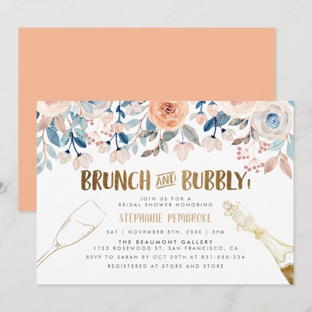 Convites Peach & Blue Flowers Bridal Brunch & Bubble Ouro (Frente/Verso)