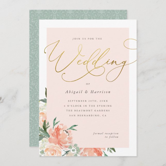 Convites Peach Blush e Dourado Casamento Floral de Script (Frente/Verso)