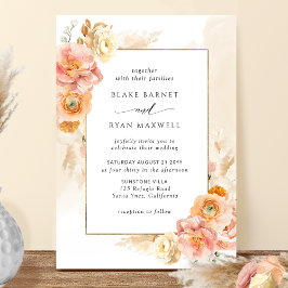 Convites Peach Blush Floral, Cream Watercolor Casamento Chi