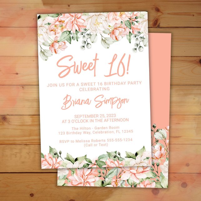 Convites Peach Blush Ivory Floral Sweet 16 Festa de anivers (Criador carregado)