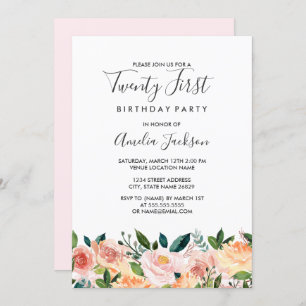 Convites Peach Blush Watercolor Floral aniversário de 21 an