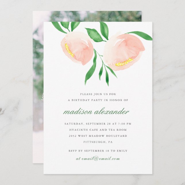 Convites Peach Blush Watercolor Flower Photo Birthday (Frente/Verso)